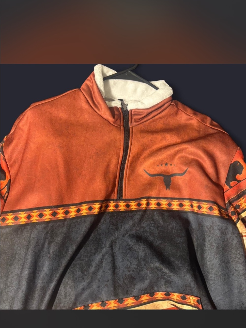 Men's Orange and Black Southwestern Quarter-Zip Sweater